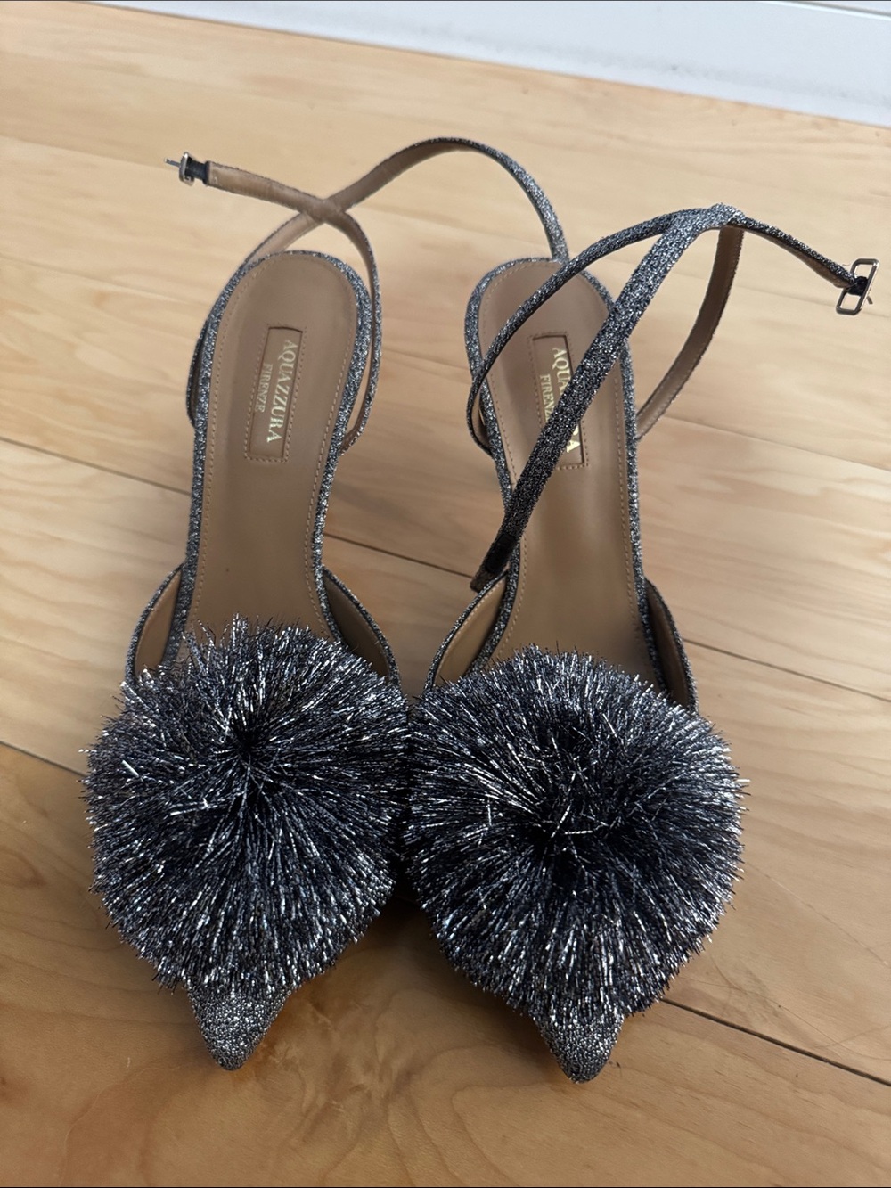 Women’s Metallic Silver Pointed Toe Slingback Heels with Pom Pom
